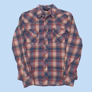 Salt Valley Western Mens Medium Plaid Pearl Snap Long Sleeve Shirt Blue Red